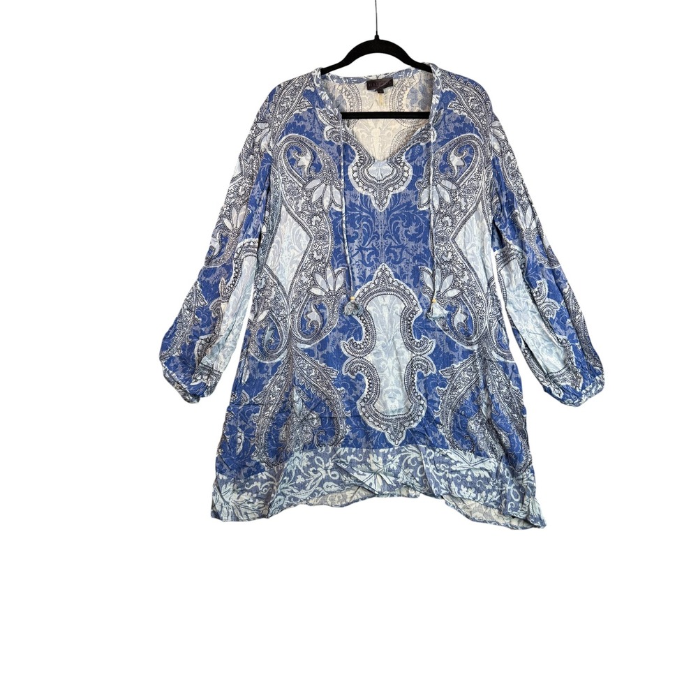 Hale Bob Blue Paisley Tunic Top Womens Small V-Neck Tassel Tie